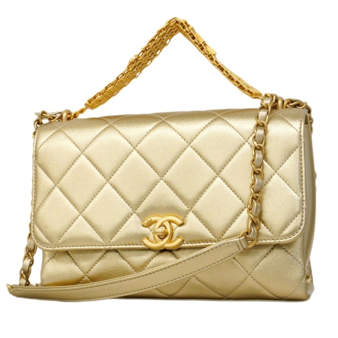 Chanel Matelasse Handbag with Chain Shoulder Bag in Lambskin Gold, 2-Way for Women: --- Catalog ---Category: SizeSize (HxWxD): 18cm x 22.5cm x 7cm / 7.08'' x 8.85'' x 2.75''Category: DesignType: HandbagColor: GoldGender: WomenMaterial: Leather Hardware Color: GoldLeather/Fur Type: La