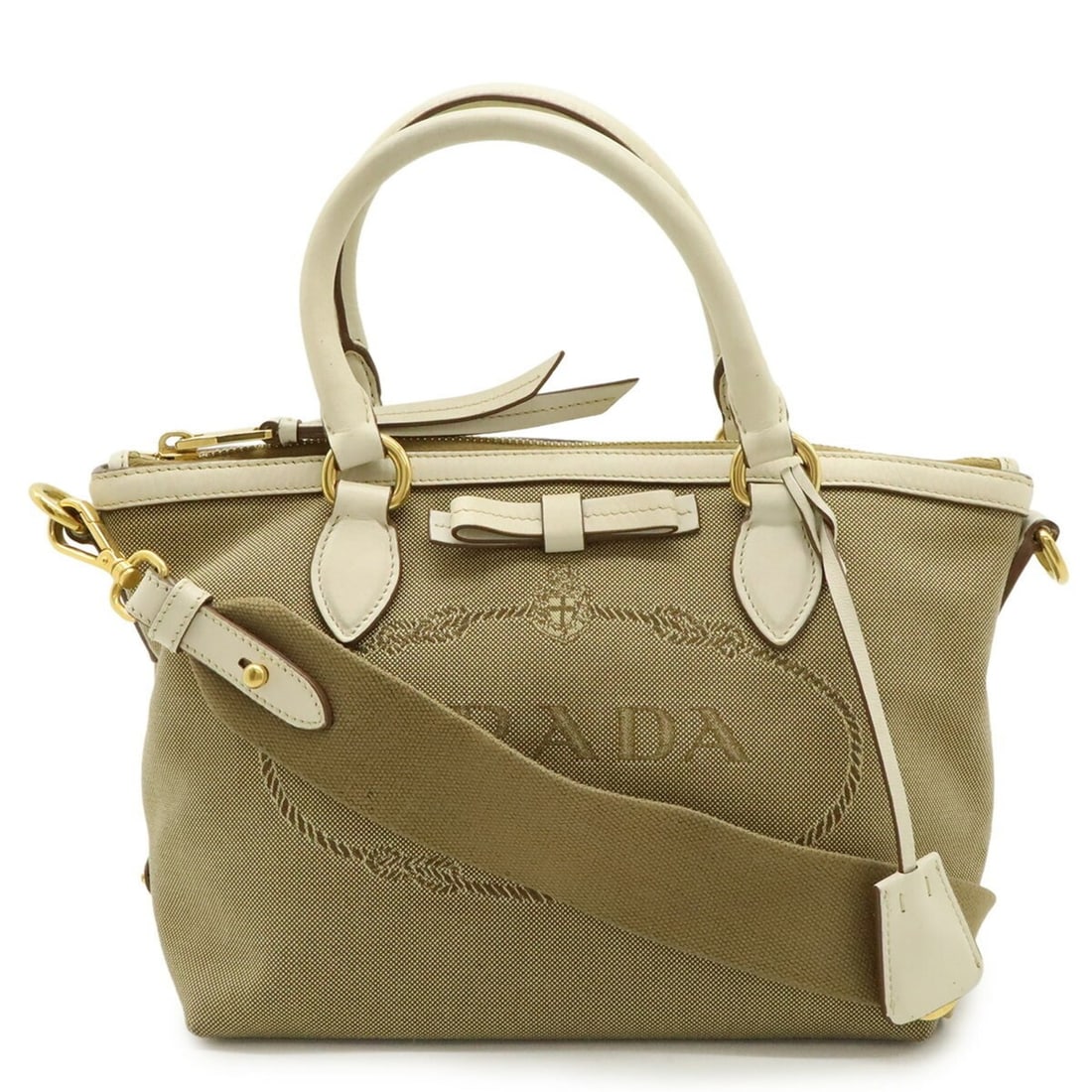 PRADA Jacquard Ribbon Handbag, Tote Bag, Shoulder Canvas, Beige, Ivory, 1BA104: --- Catalog ---Category: SizeSize (HxWxD): 18.5cm x 30cm x 13cm / 7.28'' x 11.81'' x 5.11''Category: DesignType: Handbag, Shoulder bag, Tote bagColor: Beige, IvoryGender: WomenMaterial: Canvas , Leath