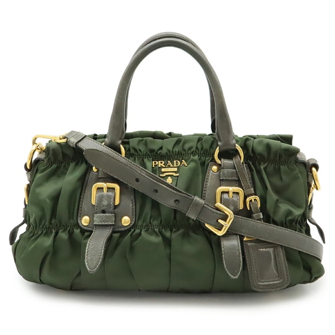 PRADA Gathered Handbag, Tote Bag, Shoulder Nylon, Khaki, Dark Brown, BN1407: --- Catalog ---Category: SizeSize (HxWxD): 21cm x 36.5cm x 11.5cm / 8.26'' x 14.37'' x 4.52''Category: DesignType: Handbag, Shoulder bag, Tote bagColor: Dark brown, KhakiGender: WomenMaterial: Nylon ,