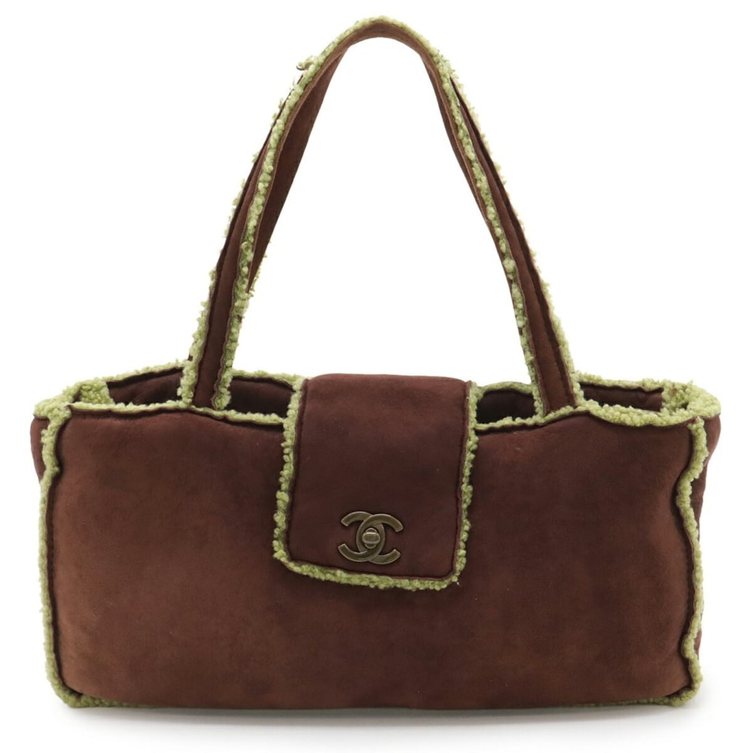 CHANEL Coco Mark Handbag Tote Bag Mouton Dark Brown Green A11746: --- Catalog ---Category: SizeSize (HxWxD): 16cm x 31cm x 6cm / 6.29'' x 12.2'' x 2.36''Category: DesignType: Handbag, Tote bagColor: Brown, Dark brown, GreenGender: WomenMaterial: Leather Category: Ge