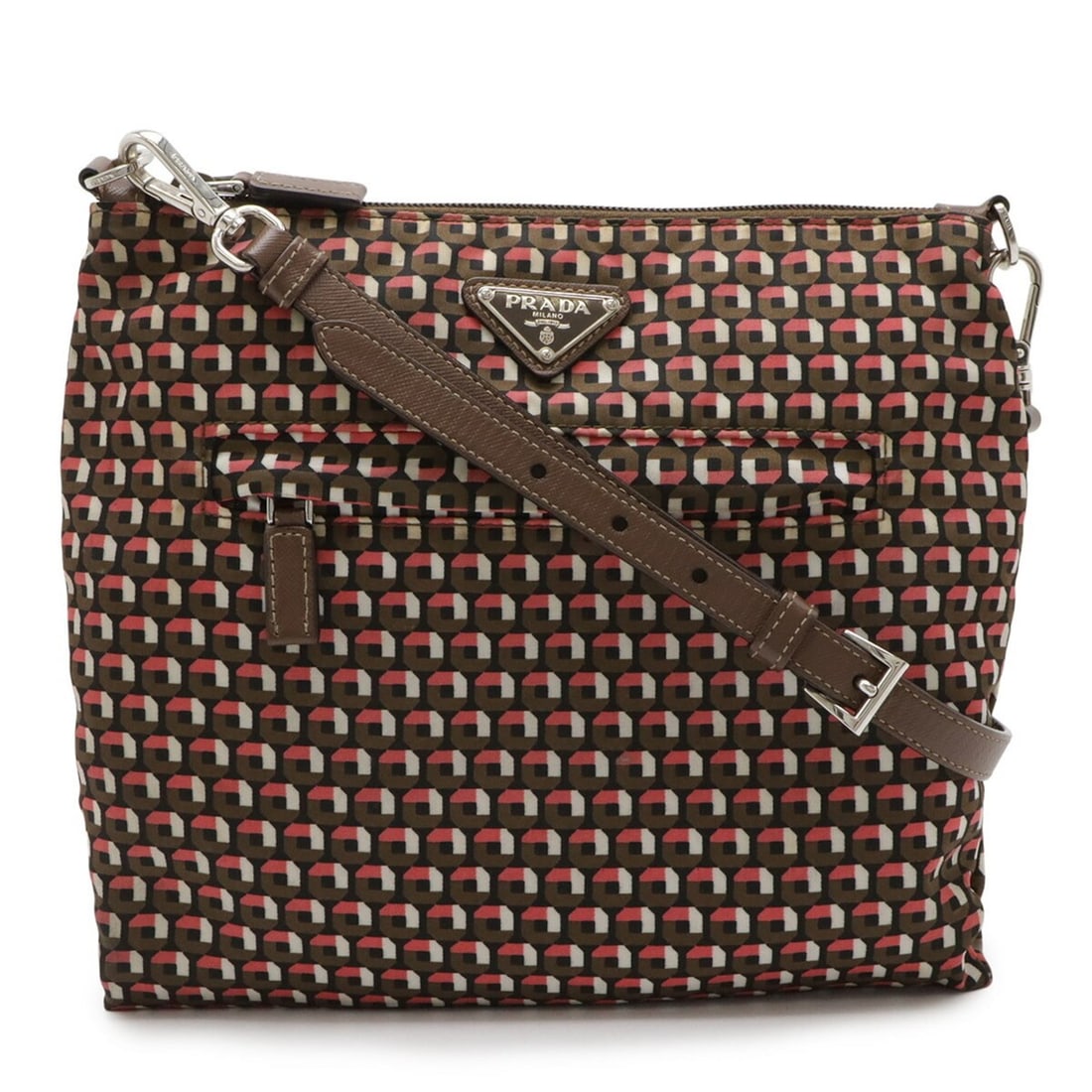 PRADA TESSUTO STAMPAT Shoulder Bag in Nylon and Leather, Pink Multicolor Brown, BT1023: --- Catalog ---Category: SizeSize (HxWxD): 23cm x 24.5cm x 4.5cm / 9.05'' x 9.64'' x 1.77''Category: DesignType: Shoulder bagColor: Brown, Multi-color, PinkGender: WomenMaterial: Tessuto Category: Gen