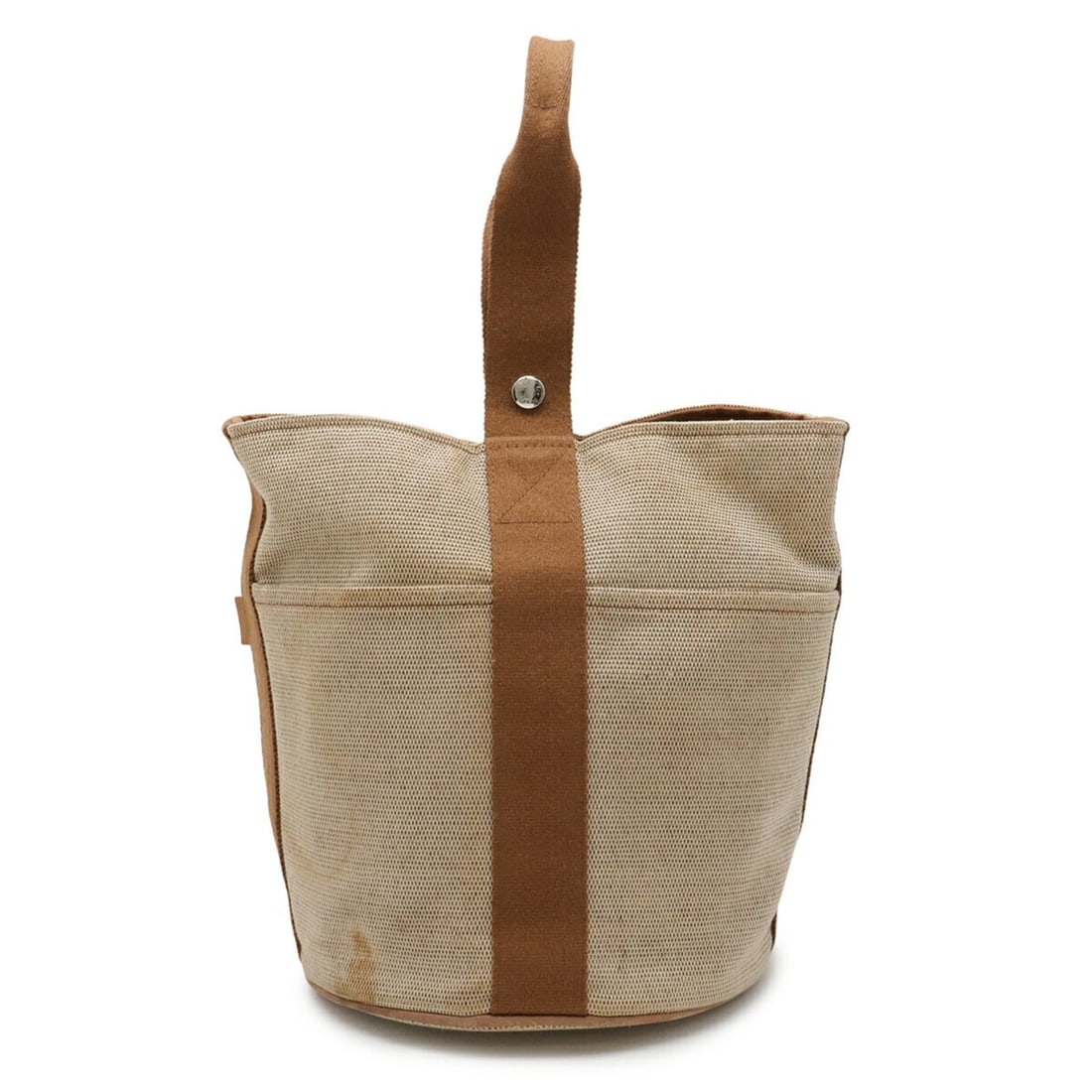 HERMES Saxo MM handbag/tote bag, bucket-shaped, in toile ash, beige and brown. (1 of 18)