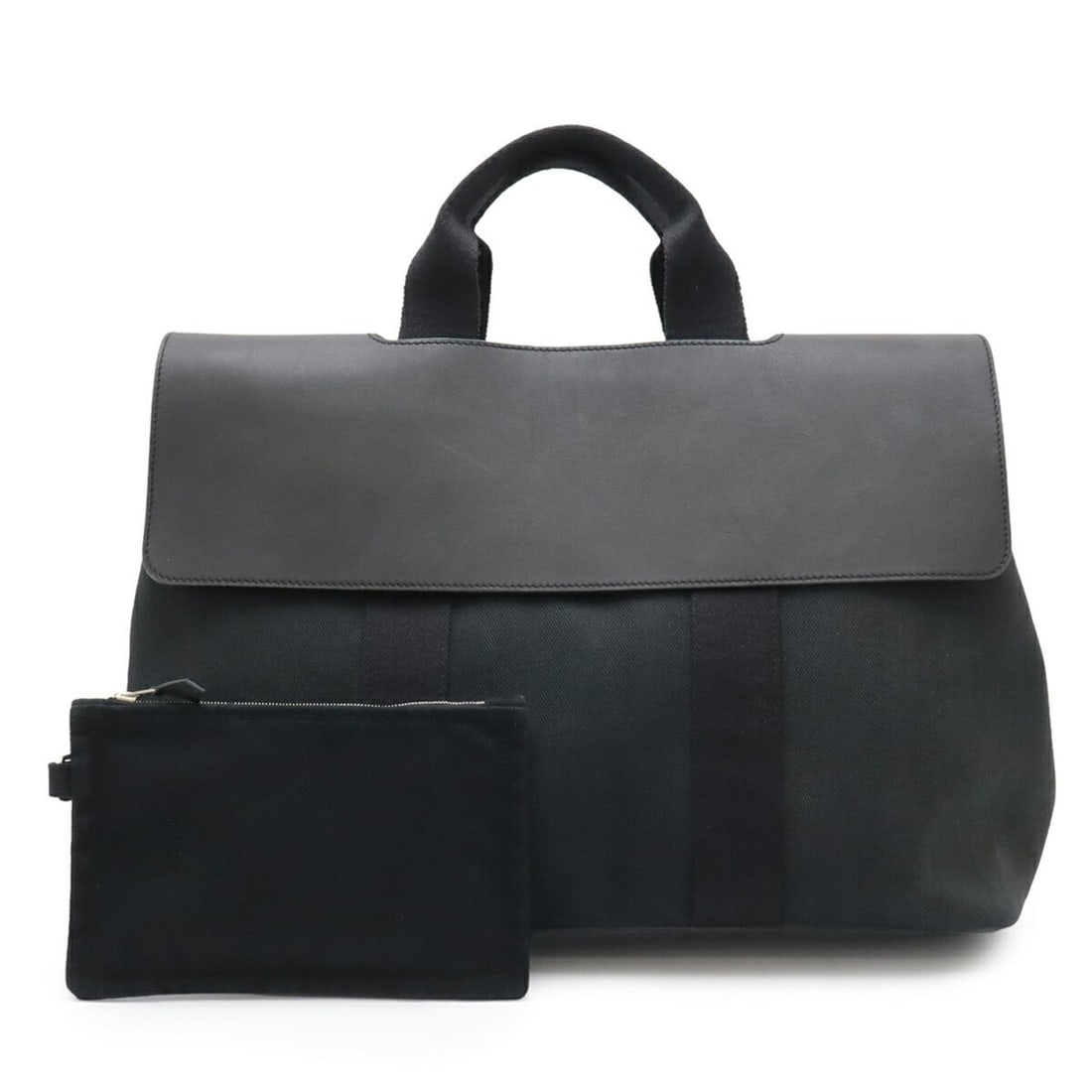 HERMES Valparaiso MM handbag tote bag in Toile Chevron canvas and leather black. (1 of 12)