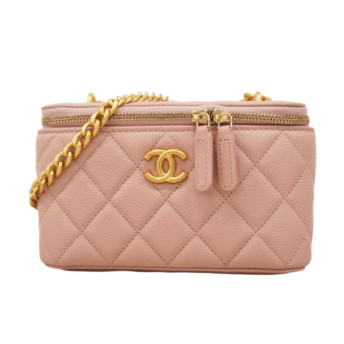 Chanel Matelasse Vanity Bag with Chain Shoulder in Caviar Skin, Pink, Women's, P2337590: --- Catalog ---Category: SizeSize (HxWxD): 10cm x 16.5cm x 8.5cm / 3.93'' x 6.49'' x 3.34''Category: DesignType: Vanity bagColor: PinkGender: WomenMaterial: Grained Calfskin Hardware Color: GoldCatego