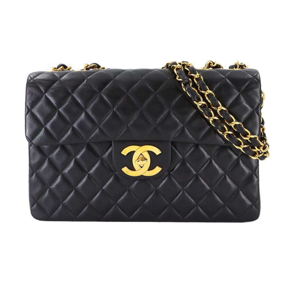 CHANEL Decamato Matelasse 34 Chain Shoulder Handbag in Black Lambskin with Gold Hardware (A01094): --- Catalog ---Category: SizeSize (HxWxD): 21.5cm x 34cm x 10cm / 8.46'' x 13.38'' x 3.93''Category: DesignType: Handbag, Shoulder bagColor: BlackGender: WomenMaterial: Leather Leather/Fur Type: Lambs