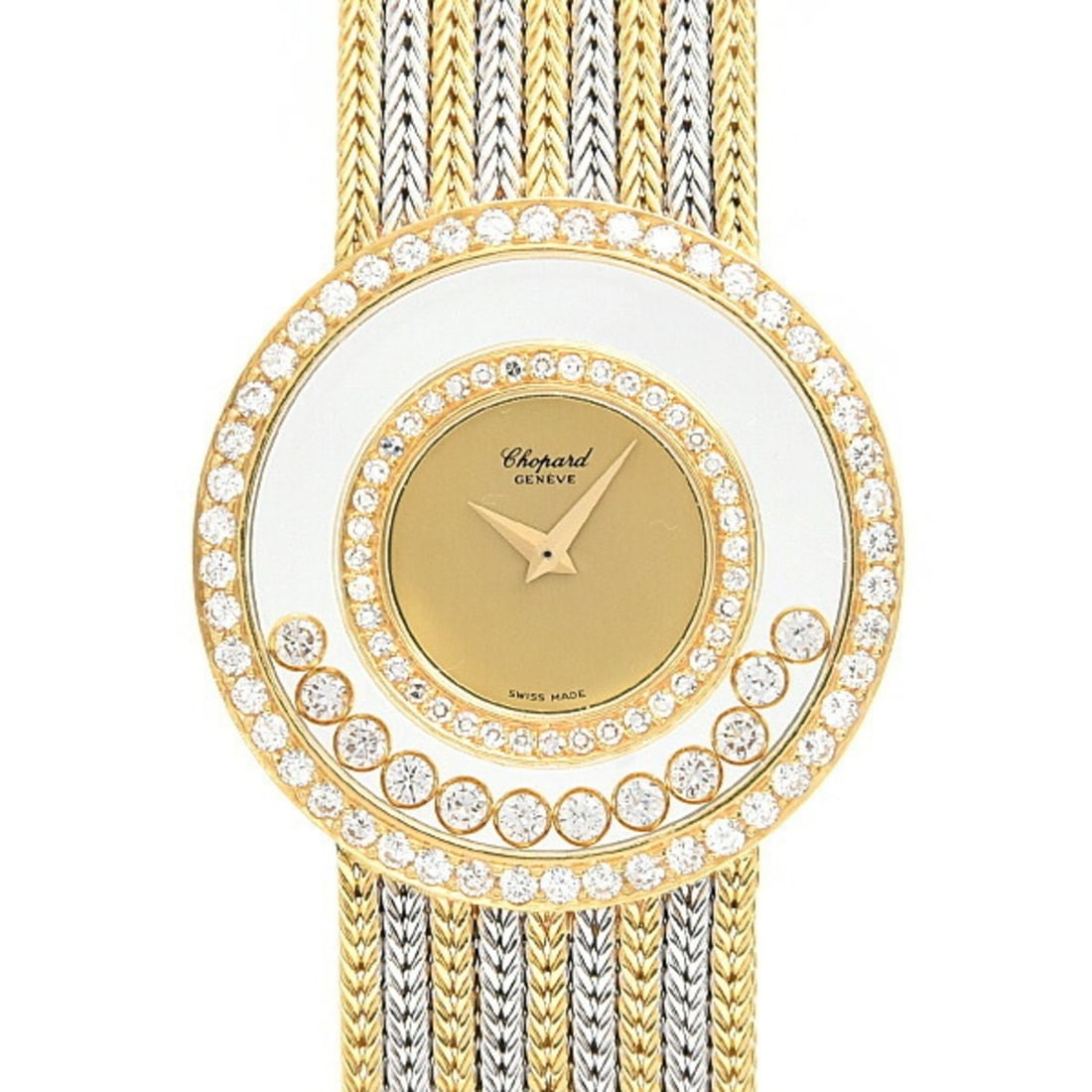 Chopard Men's Happy Diamonds Watch with Double Diamond Bezel, 12 Moving Diamonds, Gold 750YG x WG,: --- Catalog ---Category: SizeWrist Size: 18.5cm / 7.28''Case Diameter: 32mm / 1.26''Category: DesignType: WristwatchGender: MenColor (Dial): GoldMaterial (Band): White gold, Yellow gold (18K)Material