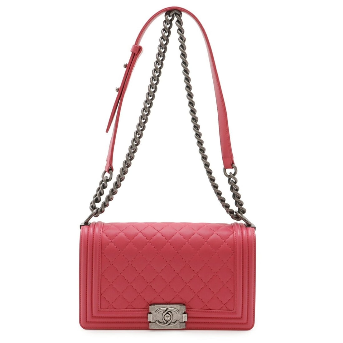 CHANEL Boy Chanel 25 Matelasse Coco Mark Chain Shoulder Bag in Fuchsia Pink Leather (A67066): --- Catalog ---Category: SizeWeight: 740g / 1.63lb.Size (HxWxD): 15.5cm x 25cm x 7cm / 6.1'' x 9.84'' x 2.75''Strap Length: 109cm / 42.91''Category: DesignType: Shoulder bagGender: WomenMaterial: