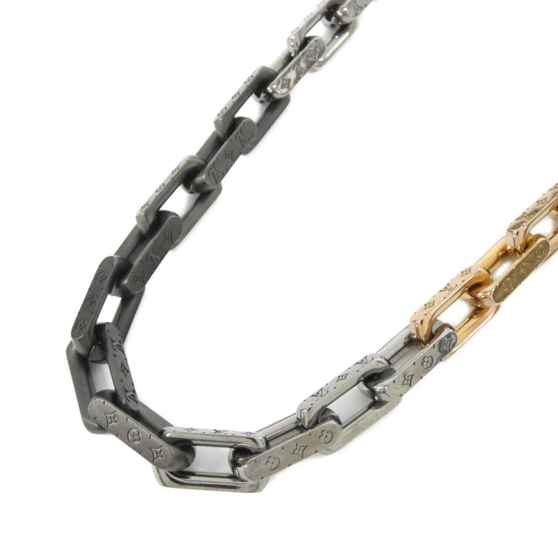 Louis Vuitton Collier Monogram Chain L M01190 Necklace: --- Catalog ---Category: SizeNeck Circumference: 55 cm / 21.65''Category: DesignColor: Black, Pink gold, SilverGender: MenNecklace Type: NecklaceCategory: GeneralMPN: M01190Brand: Louis Vuitton--- Ite