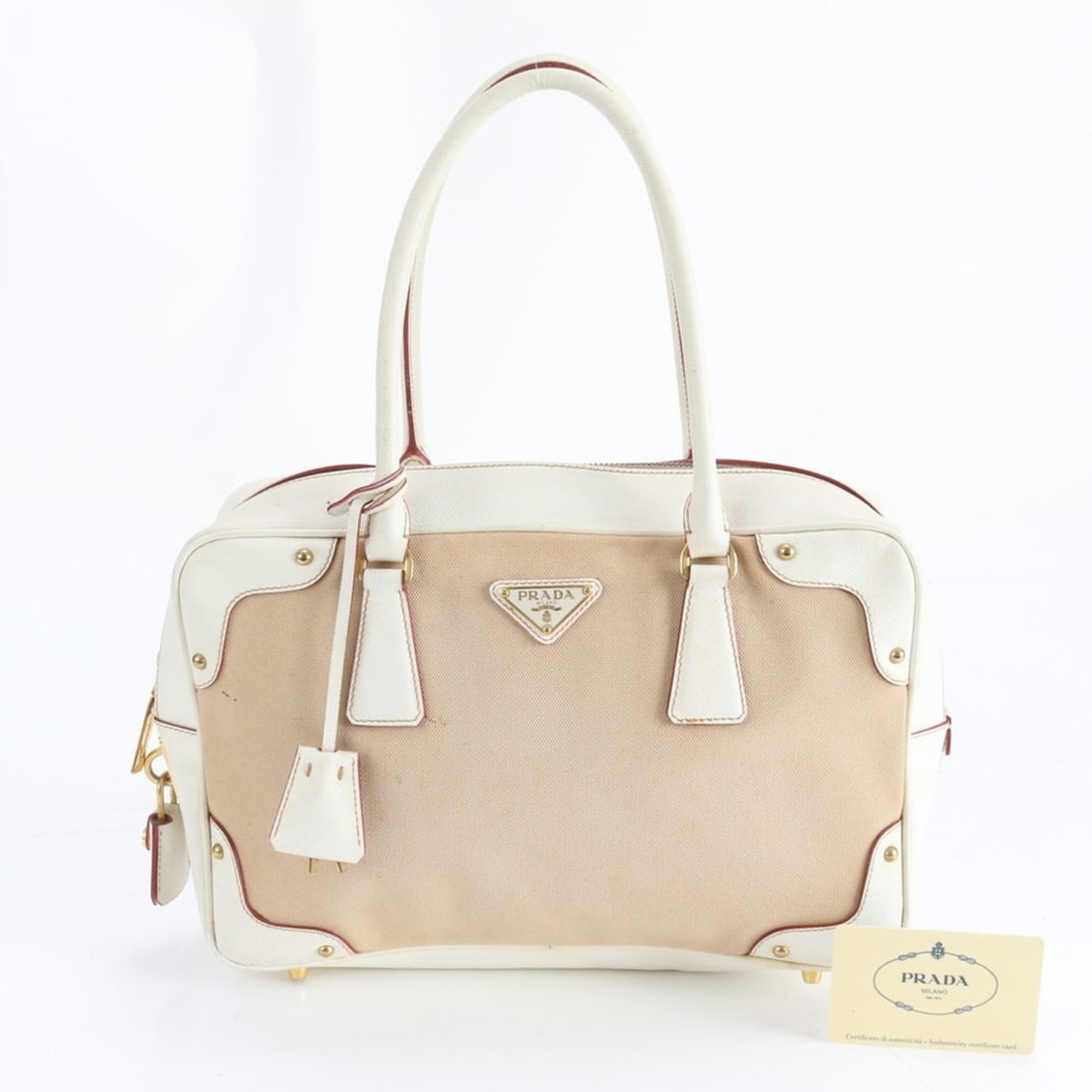 Prada Triangle Logo Leather Canvas Handbag Tote Bag for Women (BL0095) with Guarantee Card: --- Catalog ---Category: SizeSize (HxWxD): 20cm x 30cm x 9cm / 7.87'' x 11.81'' x 3.54''Category: DesignType: HandbagColor: BeigeGender: WomenMaterial: Leather , Canvas Category: GeneralMPN: BL0095Bra