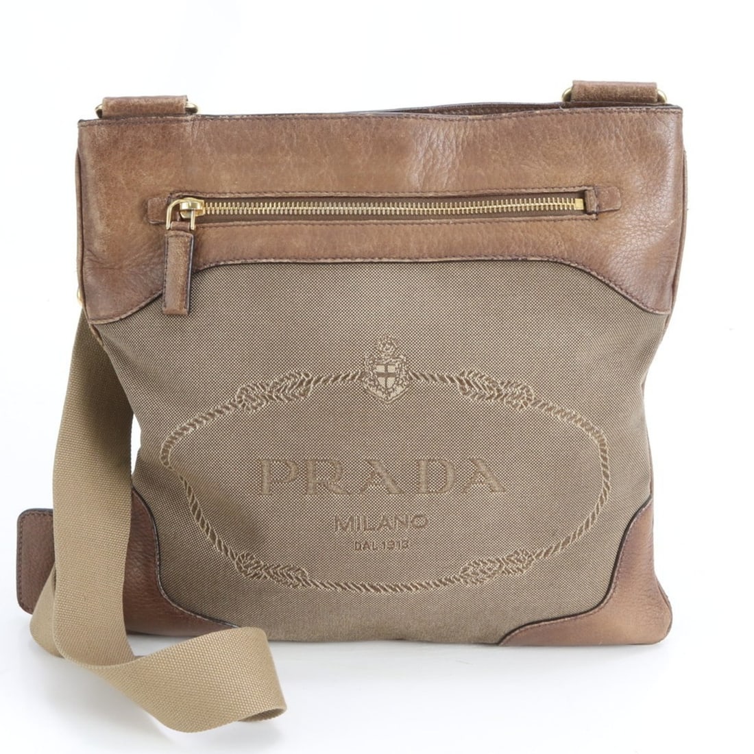 Prada Logo Jacquard Leather Canvas Messenger Shoulder Bag Brown Men's (1 of 9)