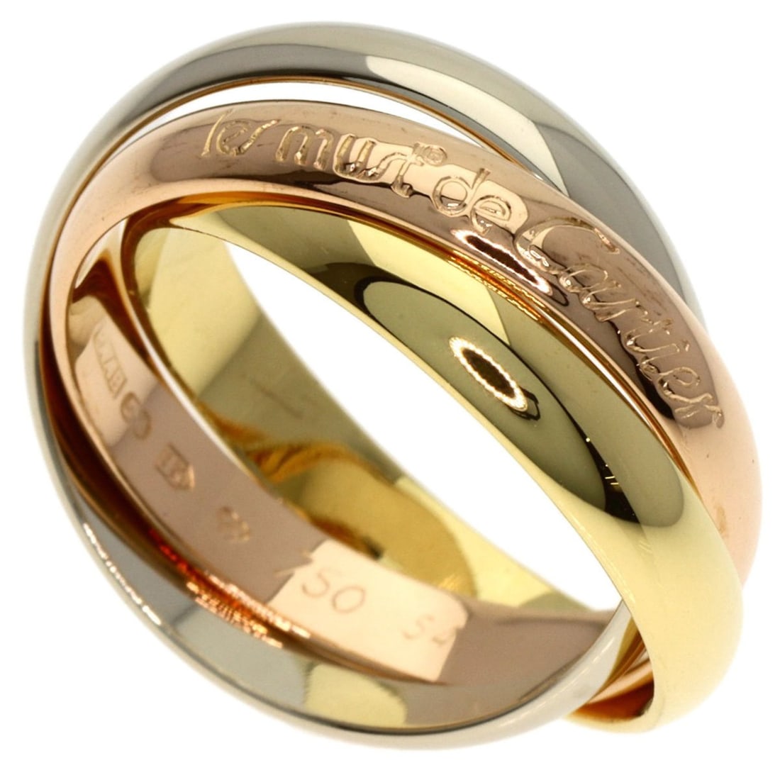 Cartier Trinity #54 Ring, 18K Yellow Gold/18KWG/18KPG, Women's: --- Catalog ---Category: SizeWidth: 3.4mm / 0.13''Weight: 8.4g / 0.29oz.JP Size: 14US Size: 7Category: DesignType: Band ringGender: WomenMaterial: Pink gold (18K), White gold (18K), Yellow gold (18K)C