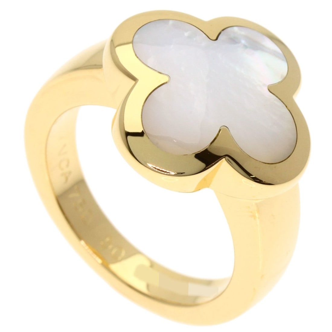 Van Cleef & Arpels Pure Alhambra Shell #50 Ring in 18K Yellow Gold for Women: --- Catalog ---Category: SizeWeight: 10.6g / 0.37oz.JP Size: 10US Size: 5.5Category: DesignType: Band ringStone: ShellGender: WomenMaterial: Yellow gold (18K)Category: GeneralLine: AlhambraBrand: Van