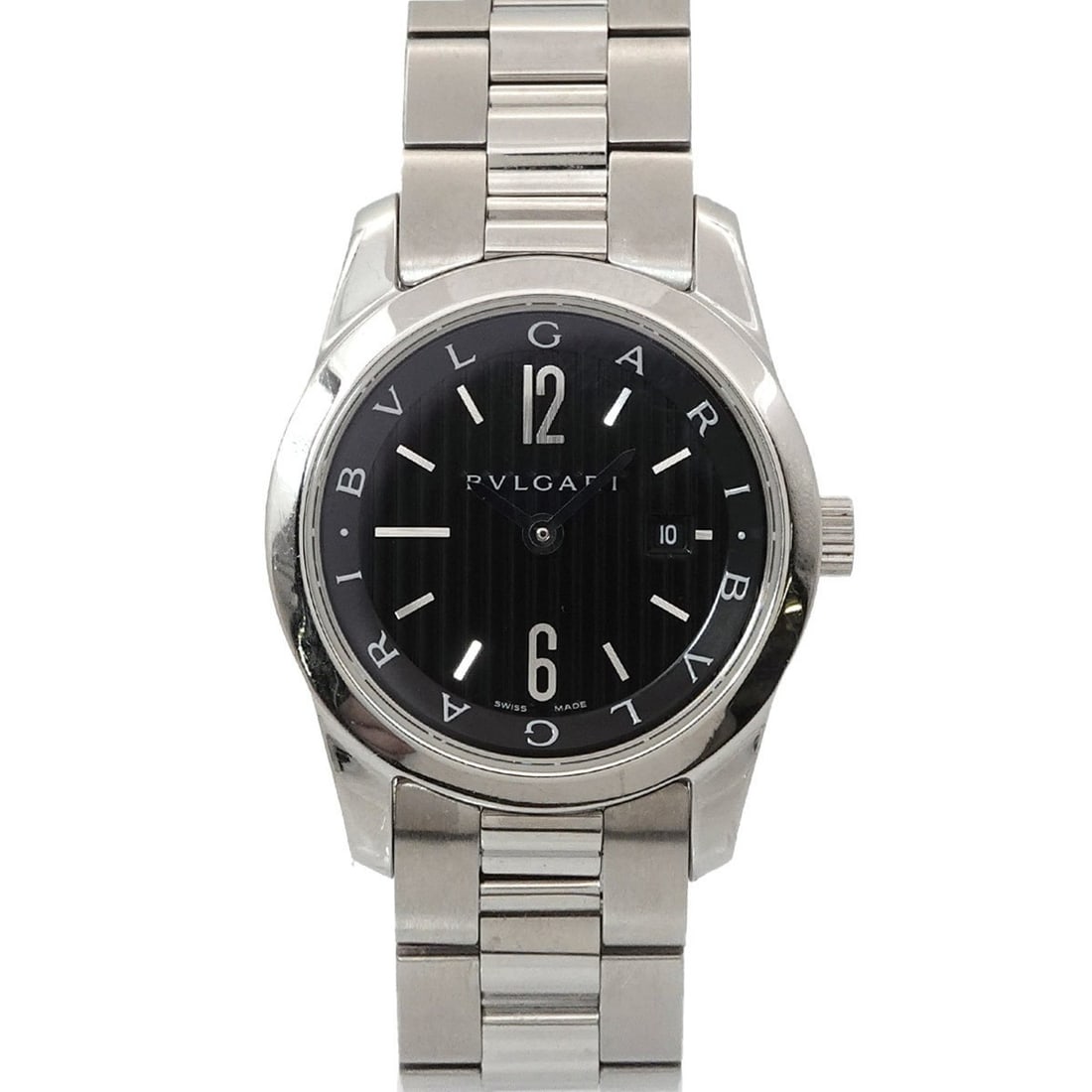 BVLGARI Solotempo ST30S Women's Watch with Date, Black Quartz Movement: --- Catalog ---Category: SizeWrist Size: 14.5cm / 5.7''Case Diameter: 30mm / 1.18''Category: DesignType: WristwatchGender: WomenColor (Dial): BlackMaterial (Band): Stainless steelMaterial (Case): Stai
