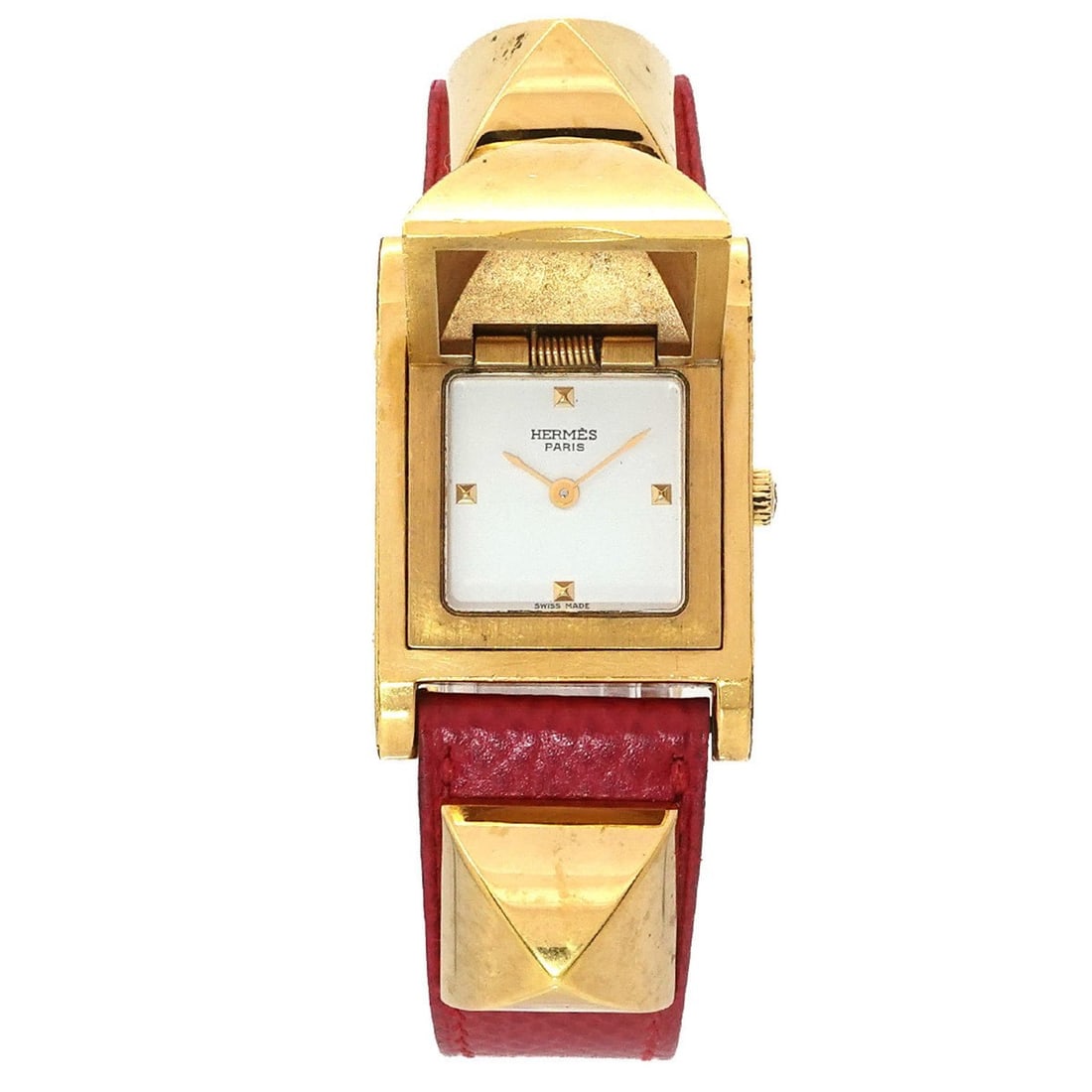 Hermès Medor Women's Pyramid Gold Stud Watch in White and Red Leather with Quartz Movement (1 of 20)