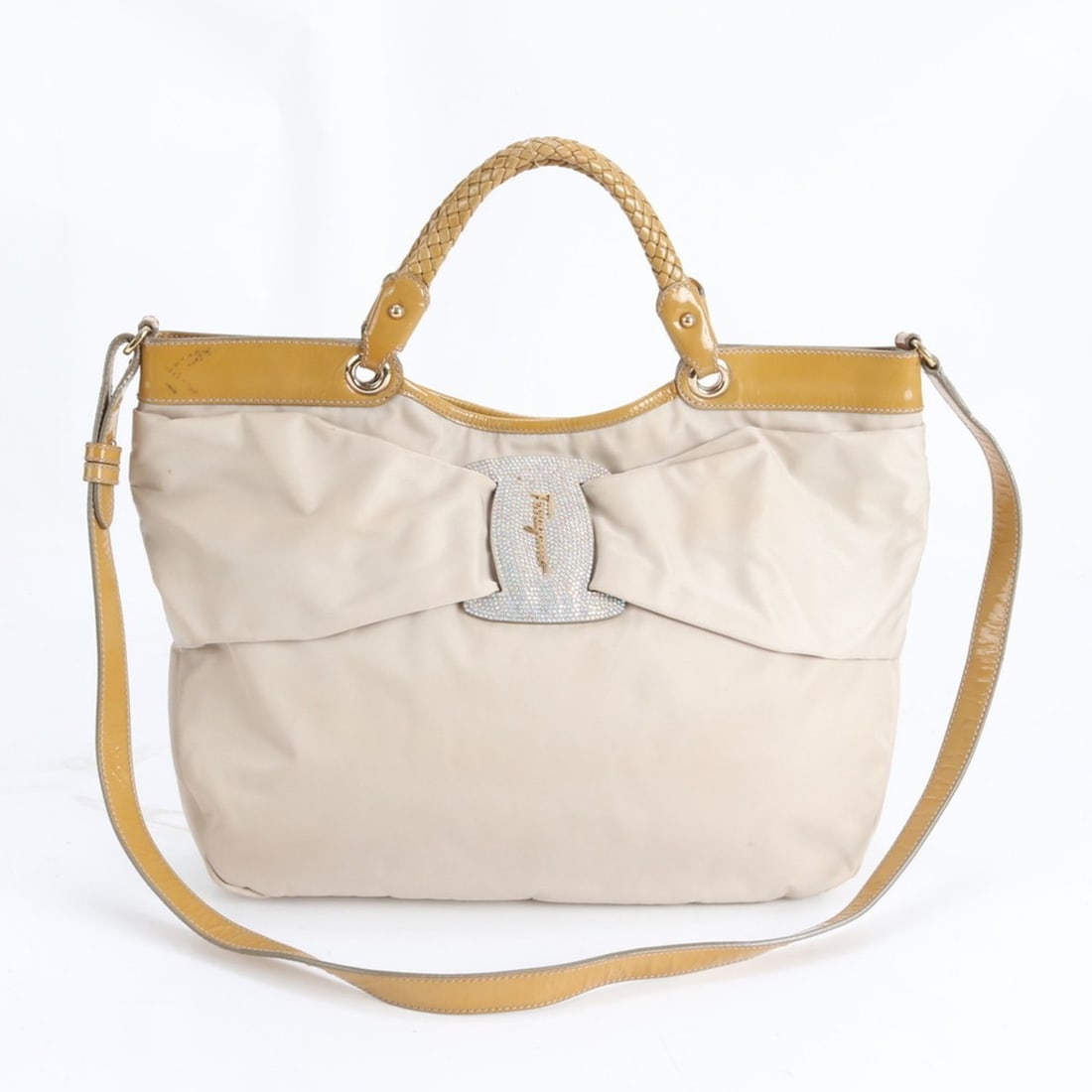 Salvatore Ferragamo Vara Ribbon Leather and Nylon 2-Way Shoulder Bag Tote for Women: --- Catalog ---Category: SizeSize (HxWxD): 30cm x 35cm x 10cm / 11.81'' x 13.77'' x 3.93''Category: DesignType: Shoulder bagColor: Beige, BlackGender: WomenMaterial: Leather , Nylon Category: