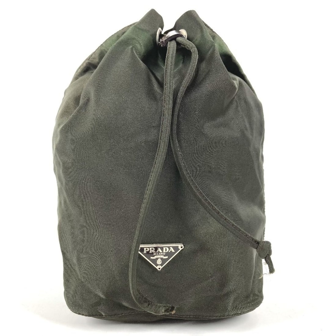 Prada drawstring pouch with triangle logo and plate. Multi-purpose pouch, nylon, men's women's,: --- Catalog ---Category: SizeSize (HxWxD): 23.5cm x 15cm x 11cm / 9.25'' x 5.9'' x 4.33''Category: DesignType: PouchColor: KhakiGender: Men,WomenMaterial: Nylon Category: GeneralBrand: PradaCountry of