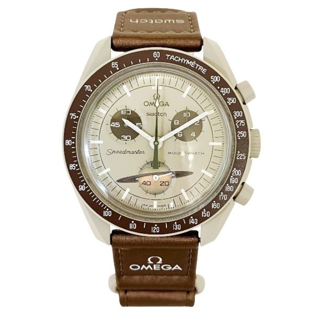 Omega x Swatch MoonSwatch Mission to Saturn SO33T100 Quartz Men's Watch: --- Catalog ---Category: SizeWrist Size: 14.5cm - 18.5cm / 5.7'' - 7.28''Case Diameter: 40mm / 1.57''Category: DesignType: WristwatchGender: MenColor (Dial): GrayMaterial (Band): NylonMaterial (Case):