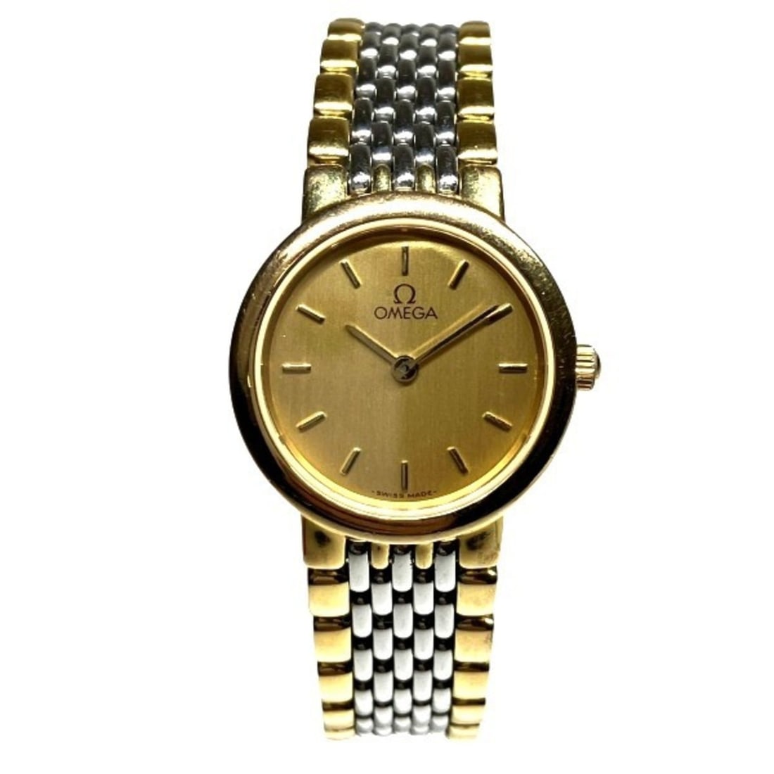 Omega De Ville Quartz Watch Women's: --- Catalog ---Category: SizeWrist Size: 15cm / 5.9''Case Diameter: 22.4mm / 0.88''Category: DesignType: WristwatchGender: WomenColor (Dial): GoldMaterial (Band): Gold plated, Stainless steelMaterial