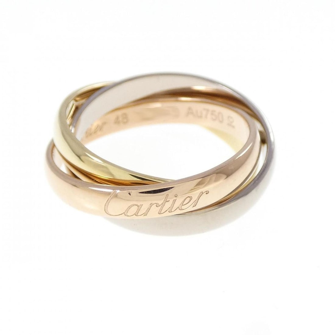 Cartier Trinity Ring: --- Catalog ---Category: SizeUS Size: 4.5Brand Size: 48Category: DesignType: Band ringColor: Pink gold, White gold, Yellow goldGender: WomenMaterial: Pink gold (18K), White gold (18K), Yellow gold (18
