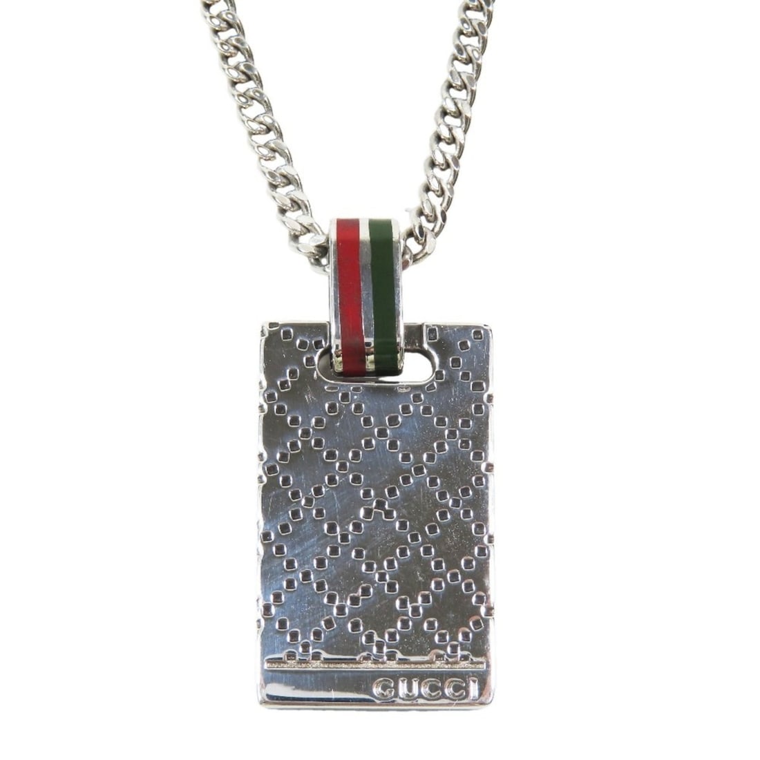 GUCCI Diamante logo plate necklace, Sherry line, polished silver, AG925, for men and women.: --- Catalog ---Category: SizePendant Size: 30mm x 14mm / 1.18'' x 0.55''Neck Circumference: 54 cm / 21.25''Category: DesignColor: Green, Red color, SilverGender: Men,WomenMaterial: Silver 925Necklace