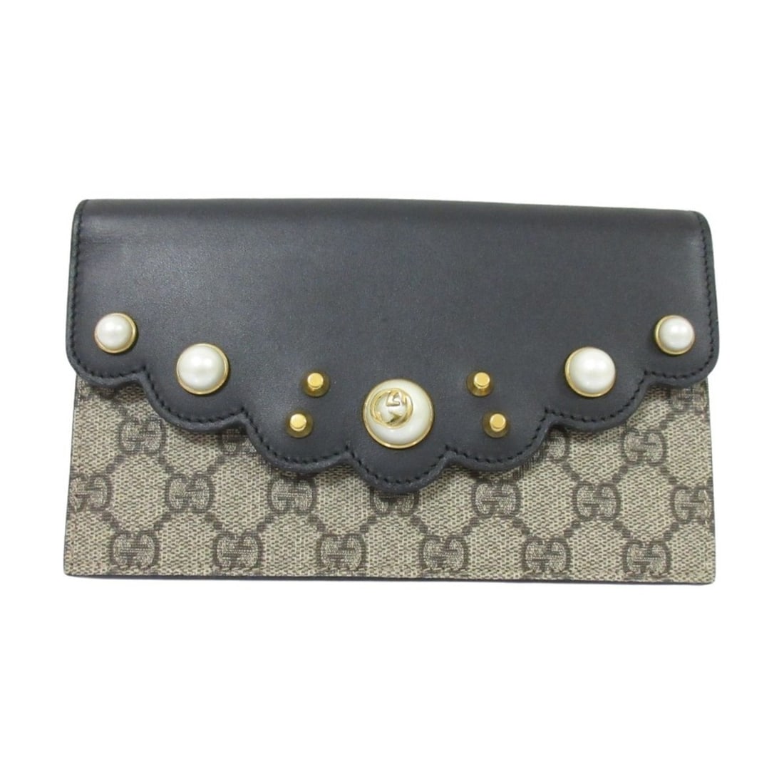 GUCCI GG Supreme Scallop Pearl Flap Chain Shoulder Wallet Handbag 431478 Black Women's: --- Catalog ---Category: SizeSize (HxWxD): 11.5cm x 18.5cm x 1.5cm / 4.52'' x 7.28'' x 0.59''Category: DesignType: Chain/Shoulder walletColor: BlackGender: WomenMaterial: GG Supreme Category: