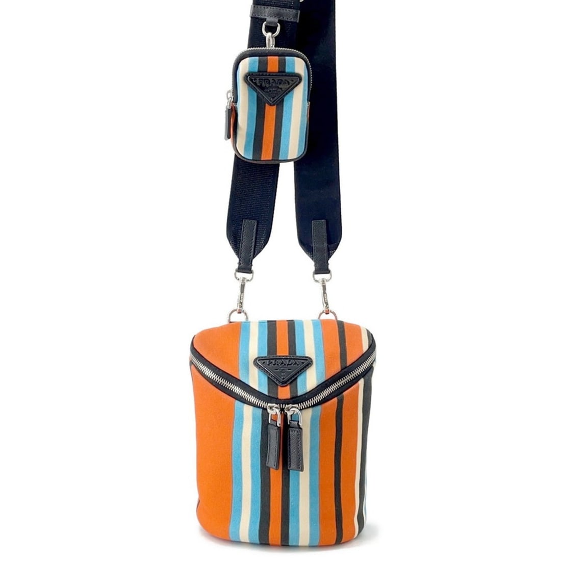 Prada Triangle Stripe Canvas Shoulder Bag 2VH147 PRADA: --- Catalog ---Category: SizeSize (HxWxD): 21cm x 16.5cm x 15.5cm / 8.26'' x 6.49'' x 6.1''Category: DesignType: Pouch, Shoulder bagColor: Multi-colorGender: Men,WomenMaterial: Canvas Category: Genera