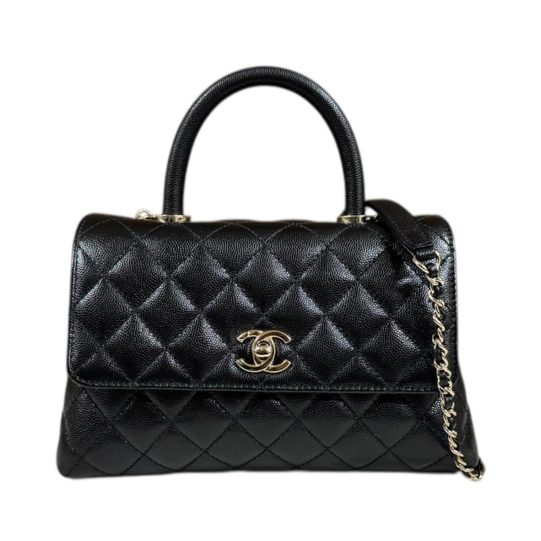 Pre-owned Chanel Coco Handle XS Matelasse Shoulder Bag in Caviar Skin (A92990) with Black Plate. (1 of 14)
