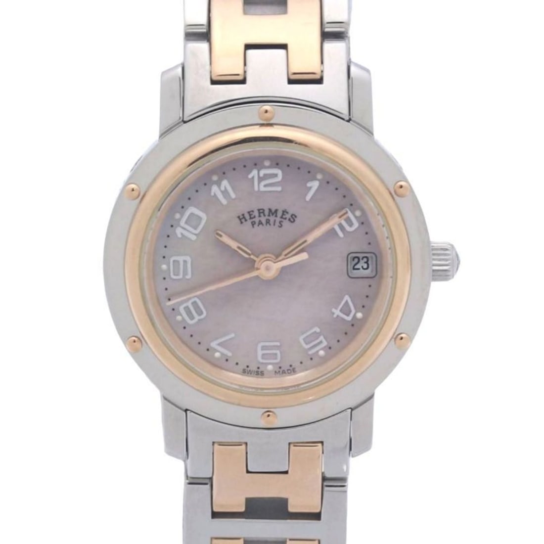 HERMES Clipper Nacle CL4.221.214 3871 Women's Watch with Old Buckle, SSxPGP 130488: --- Catalog ---Category: SizeWrist Size: 17cm / 6.69''Case Diameter: 24mm / 0.94''Category: DesignType: WristwatchGender: WomenColor (Dial): Pink shellMaterial (Band): Pink gold plated, Stainless stee