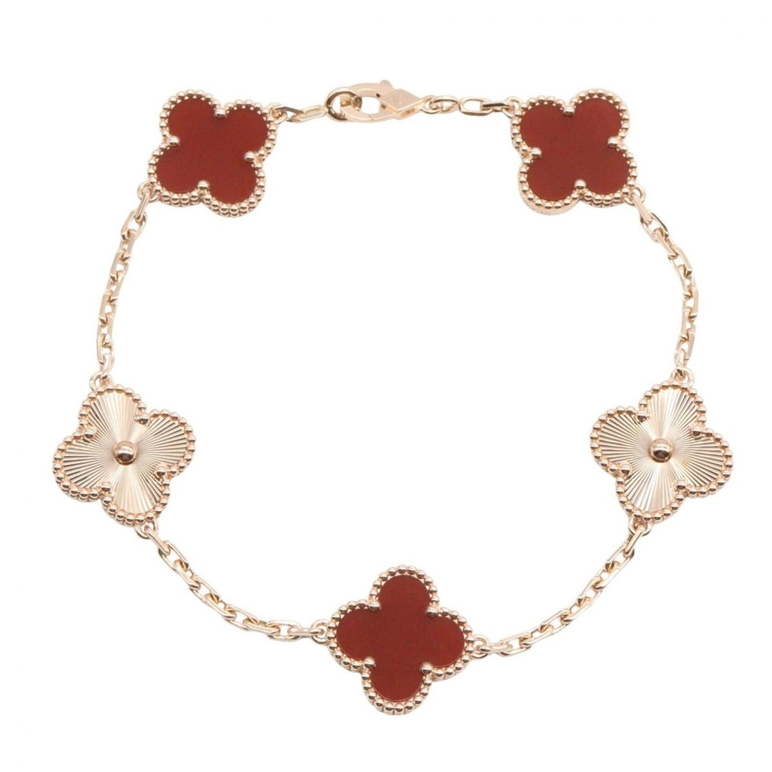 Van Cleef & Arpels Vintage Alhambra Bracelet, Carnelian Guilloché 18K Pink Gold, Carnelian,: --- Catalog ---Category: DesignType: Charm braceletColor: Pink gold, Red colorGender: WomenMaterial: Pink gold (18K)Category: GeneralMPN: VCARP7RP00Brand: Van Cleef & Arpels--- Item List ---Section: C