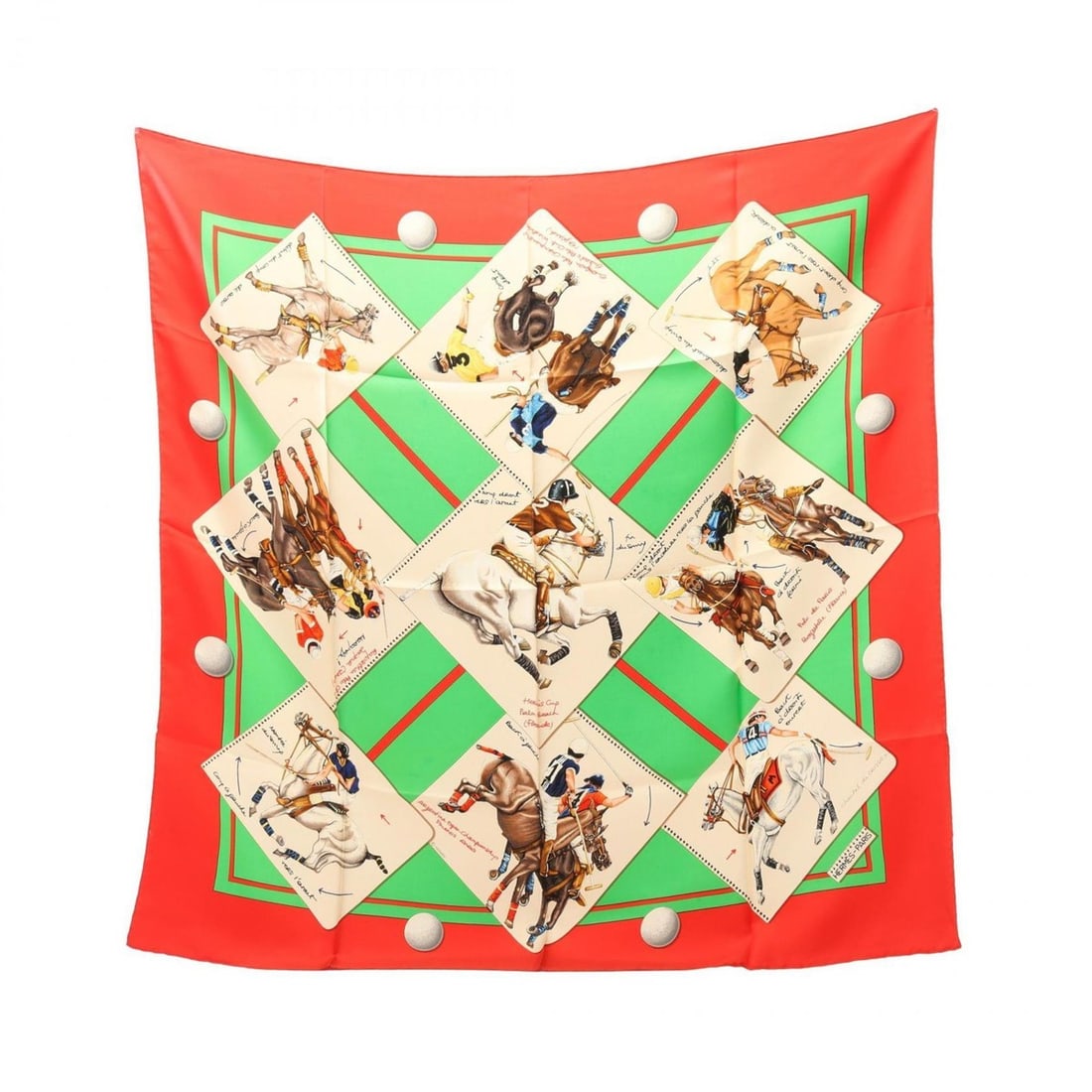 Hermès HERMES Carré 90 LE MONDE DU POLO Scarf/Muffler, Silk, Women's, Green, Red, Multicolor (1 of 9)