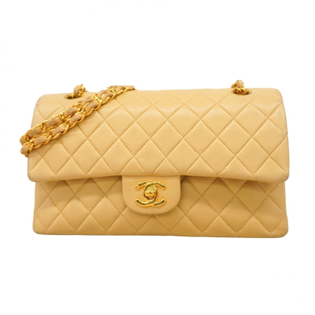 Chanel Matelasse Shoulder Bag with Double Flap and Chain, Lambskin, Beige, Women's (1 of 15)