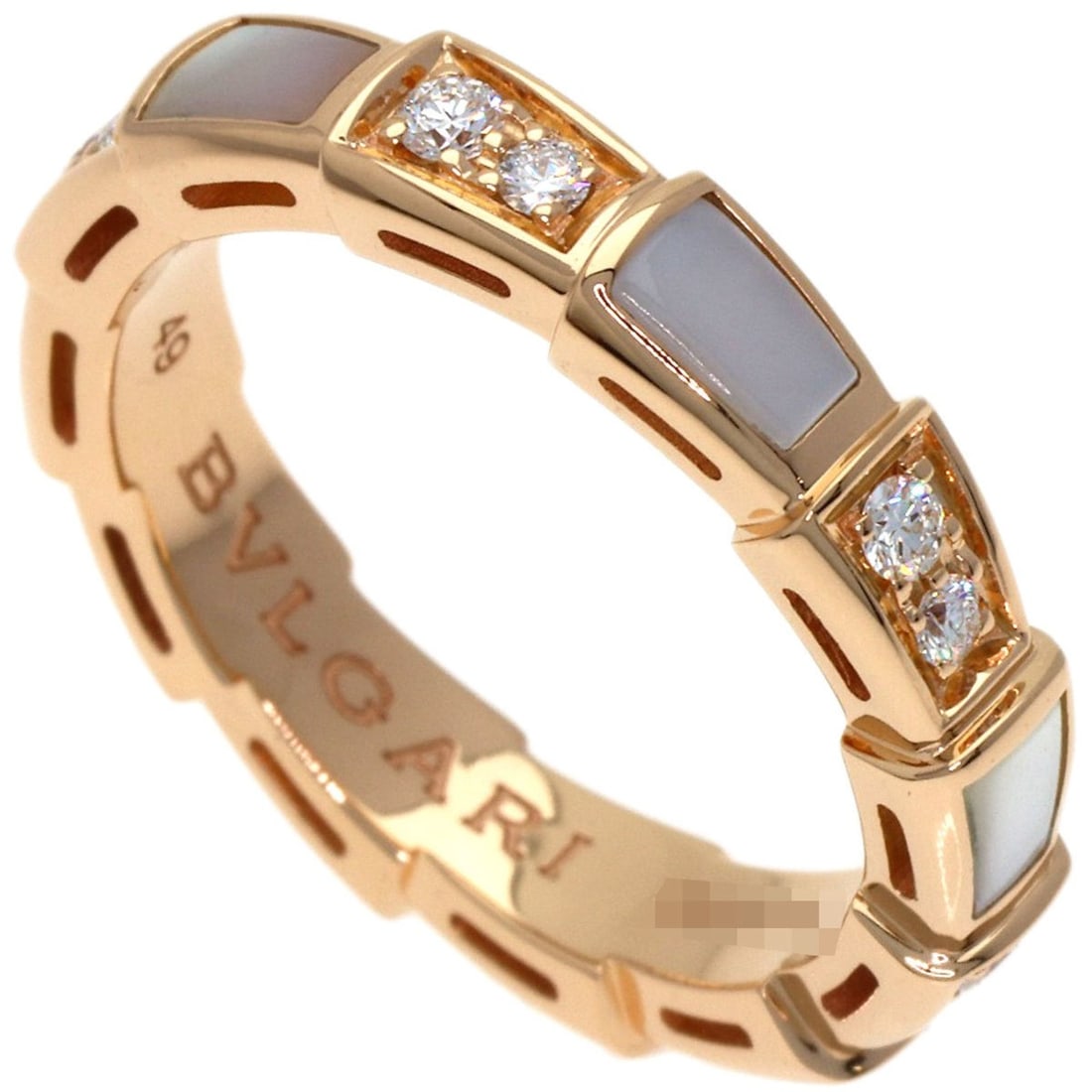 BVLGARI Serpenti White Shell Diamond Ring #49 in 18K Pink Gold for Women: --- Catalog ---Category: SizeWidth: 3.8mm / 0.15''Weight: 4.4g / 0.15oz.JP Size: 9US Size: 5Category: DesignType: Band ringColor: PinkMetal: GoldStone: Diamond, ShellGender: WomenMetal Purity: 18KCate