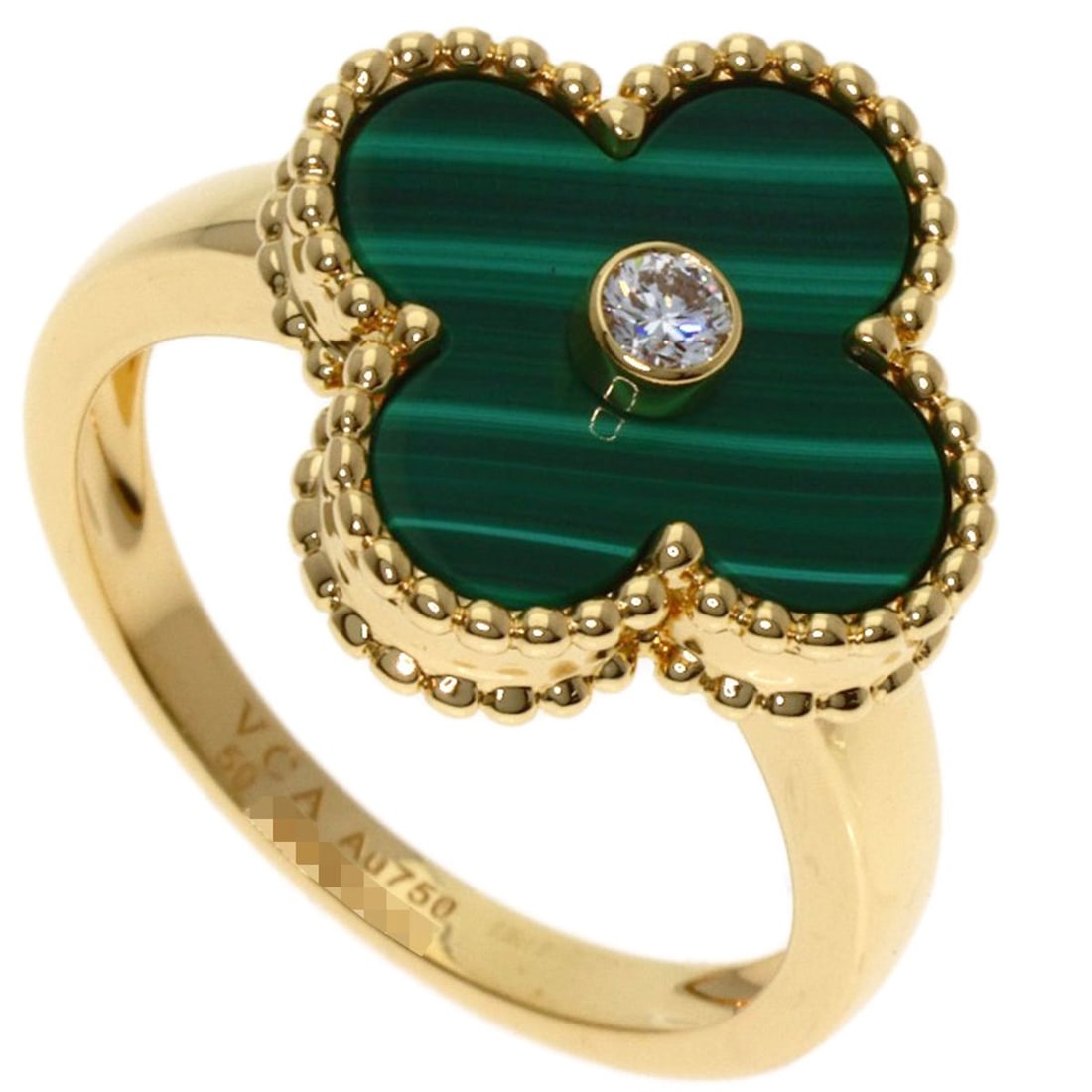 Van Cleef & Arpels Vintage Alhambra Malachite #50 Ring in 18K Yellow Gold for Women.: --- Catalog ---Category: SizeWeight: 5.6g / 0.19oz.JP Size: 10US Size: 5.5Category: DesignType: Band ringColor: YellowMetal: GoldStone: Diamond, MalachiteGender: WomenSeason: VintageMetal Purity: 18KW