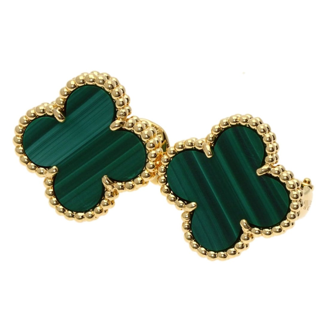 Van Cleef & Arpels Vintage Alhambra Malachite Earrings in 18K Yellow Gold for Women: --- Catalog ---Category: SizeWeight: 8.1g / 0.28oz.Size (HxWxD): 15.20mm x 15.20mm / 0.60'' x 0.60''Category: DesignType: Stud earringsStone: MalachiteGender: WomenSeason: VintageMaterial: Yellow gold