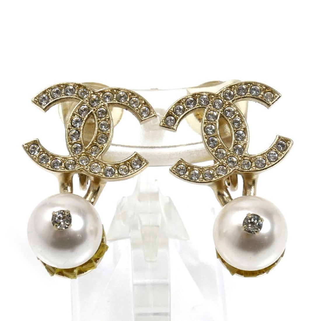 CHANEL GP Coco Mark Rhinestone and Faux Pearl Earrings, 10.5g, Women's (1 of 9)