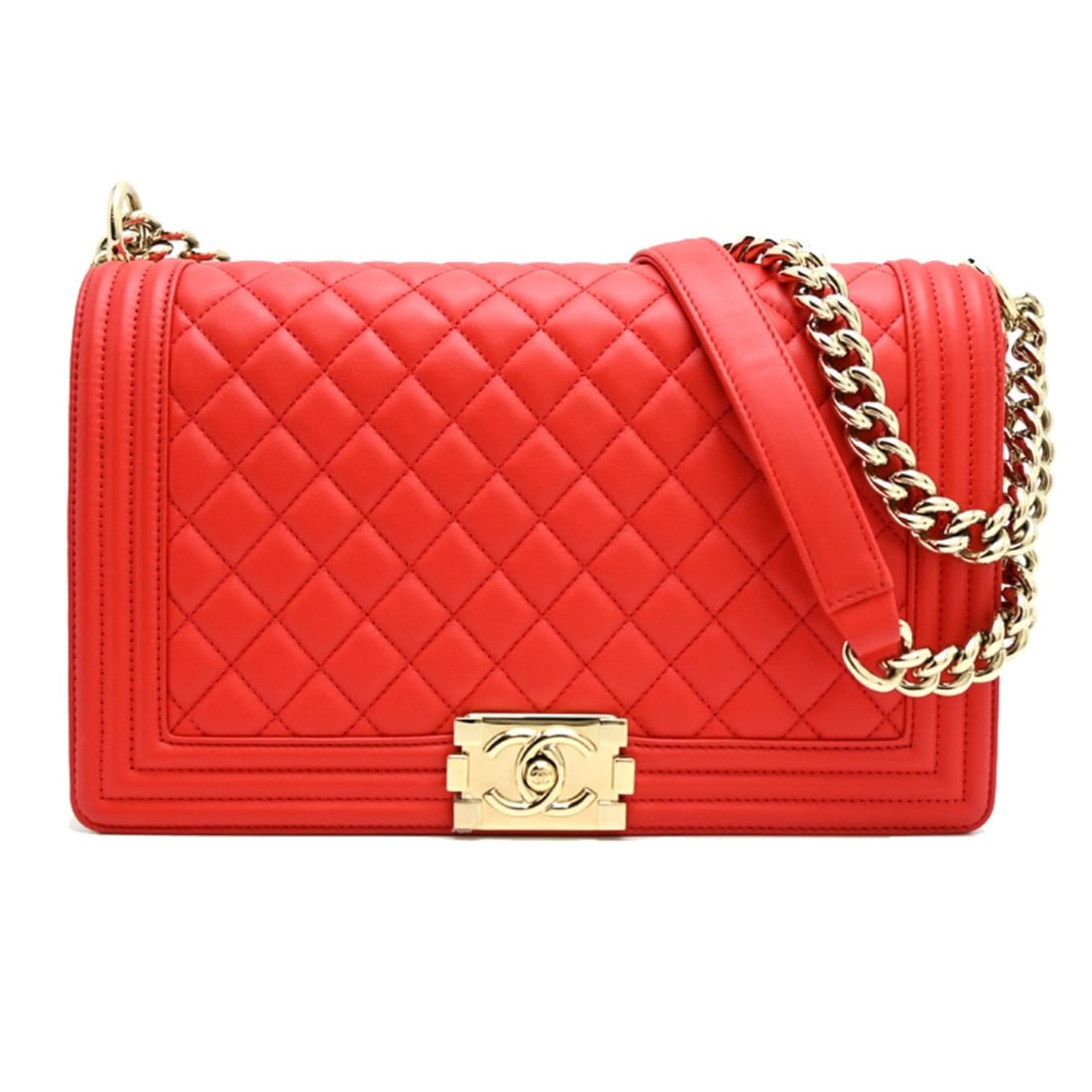 Chanel Boy 28 Embossed Chain Shoulder Bag, Women's, A92193, Lambskin, Red (1 of 10)