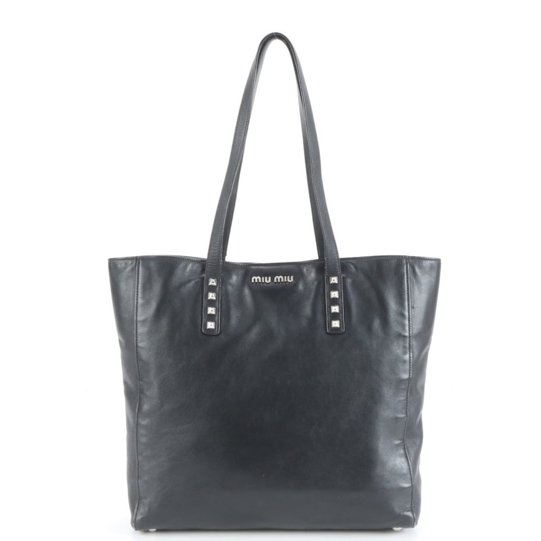 Miu Miu Miu Studded Leather Tote Bag Shoulder Black Women's: --- Catalog ---Category: SizeSize (HxWxD): 31cm x 32cm x 10cm / 12.2'' x 12.59'' x 3.93''Handle Length: 60cm / 23.62''Category: DesignType: Shoulder bag, Tote bagColor: BlackGender: WomenMaterial: