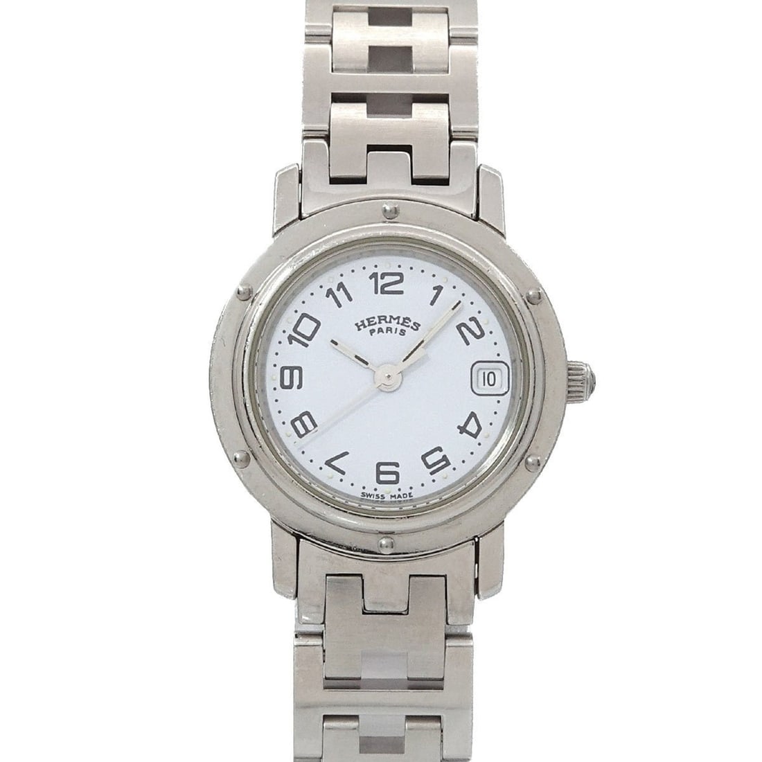 Hermès Clipper CL4 210 Women's Watch with Date, White Quartz Movement: --- Catalog ---Category: SizeWrist Size: 16.5cm / 6.49''Case Diameter: 24mm / 0.94''Category: DesignType: WristwatchGender: WomenColor (Dial): WhiteMaterial (Band): Stainless steelMaterial (Case): Sta