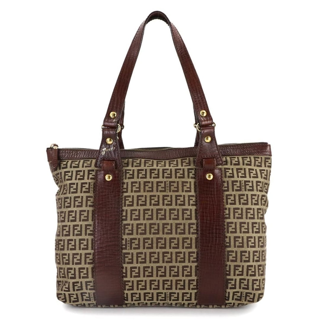 Fendi Zucchino Tote Handbag, Canvas, Leather, Beige, Brown, Gold Hardware, 8BH179 (1 of 10)