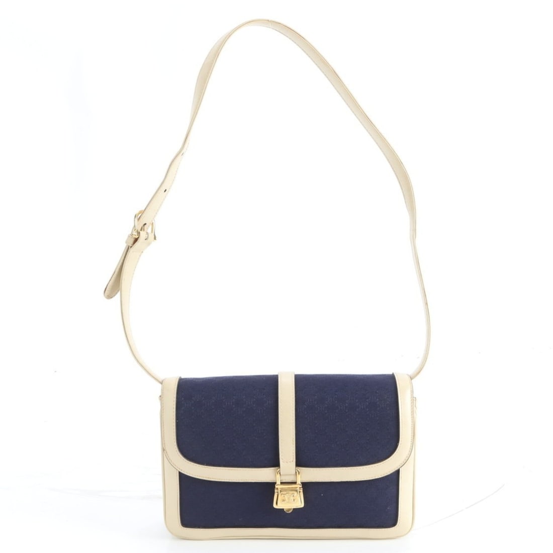 Celine Carriage Hardware Leather and Canvas Shoulder Bag, Navy, Women's: --- Catalog ---Category: SizeStrap Drop: 85cm / 33.46''Size (HxWxD): 17cm x 25cm x 5cm / 6.69'' x 9.84'' x 1.96''Strap Length: 85cm / 33.46''Category: DesignType: Shoulder bagColor: Ivory, NavyGender: