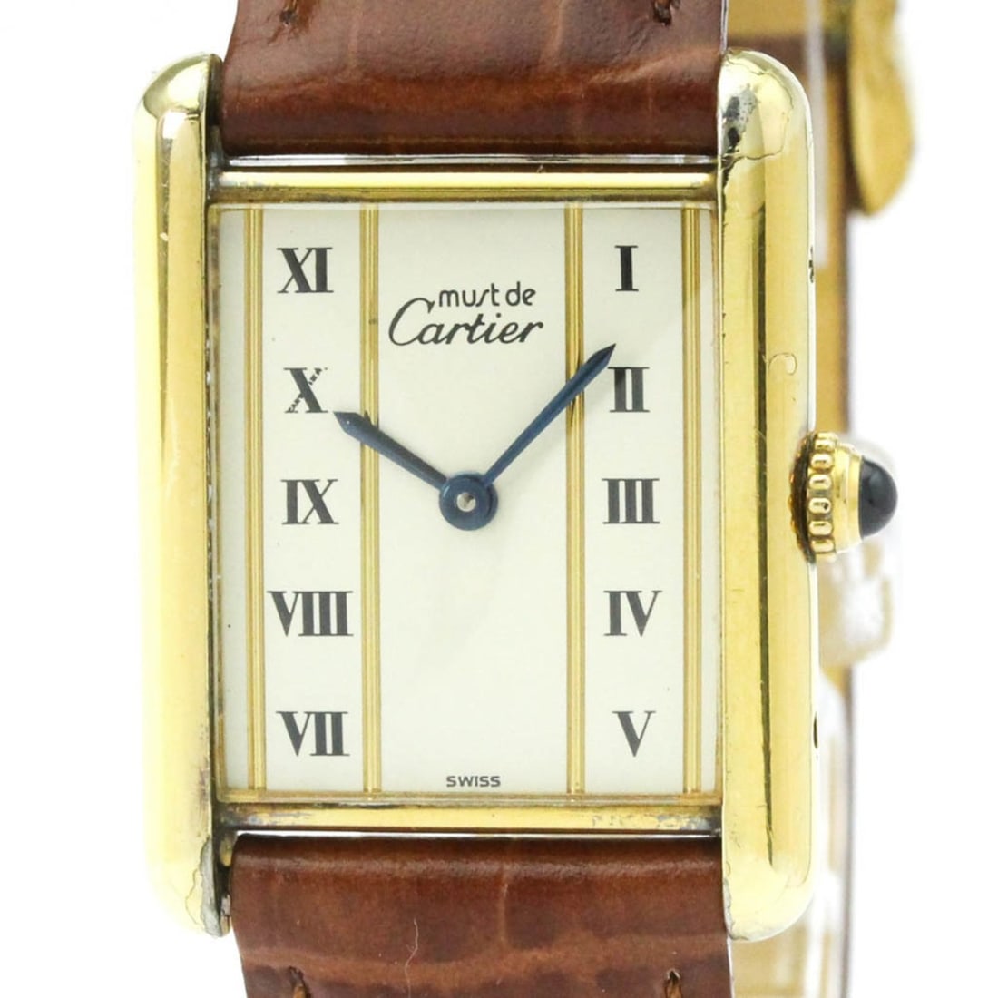 CARTIER Tank Vermeil Gold Plated Leater Quartz Mens Watch 590005: --- Catalog ---Category: SizeCase Diameter: 23mm / 0.91''Category: DesignType: WristwatchStyle: Dress/FormalGender: UnisexColor (Dial): IvoryMaterial (Band): LeatherMaterial (Case): Gold platedCategor