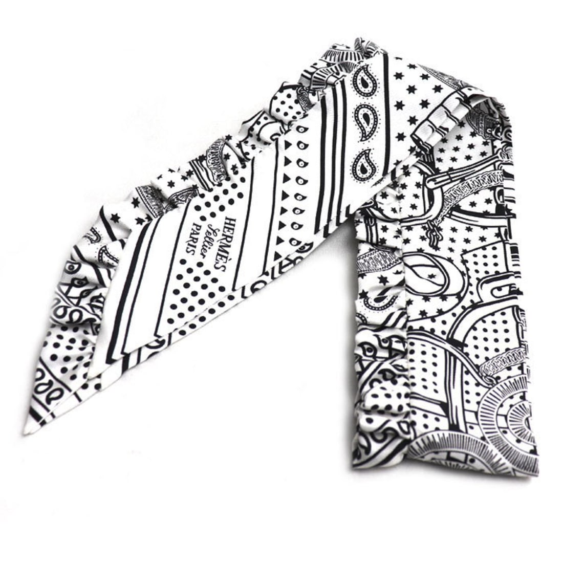 HERMES Twilly Apron Doll Bandana Scarf Muffler White Black H852978S Women's (1 of 8)
