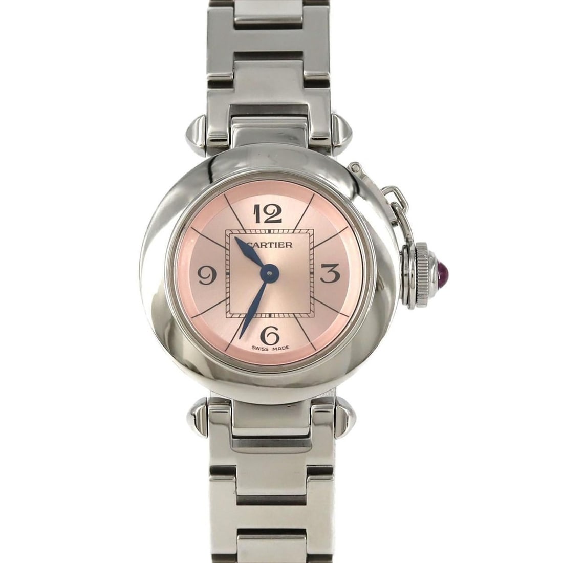 Cartier Miss Pasha W3140008 Stainless Steel Quartz Watch: --- Catalog ---Category: SizeWrist Size: 17cm / 6.69''Case Diameter: 27mm / 1.06''Category: DesignType: WristwatchGender: WomenColor (Dial): PinkMaterial (Band): Stainless steelMaterial (Case): Stainl