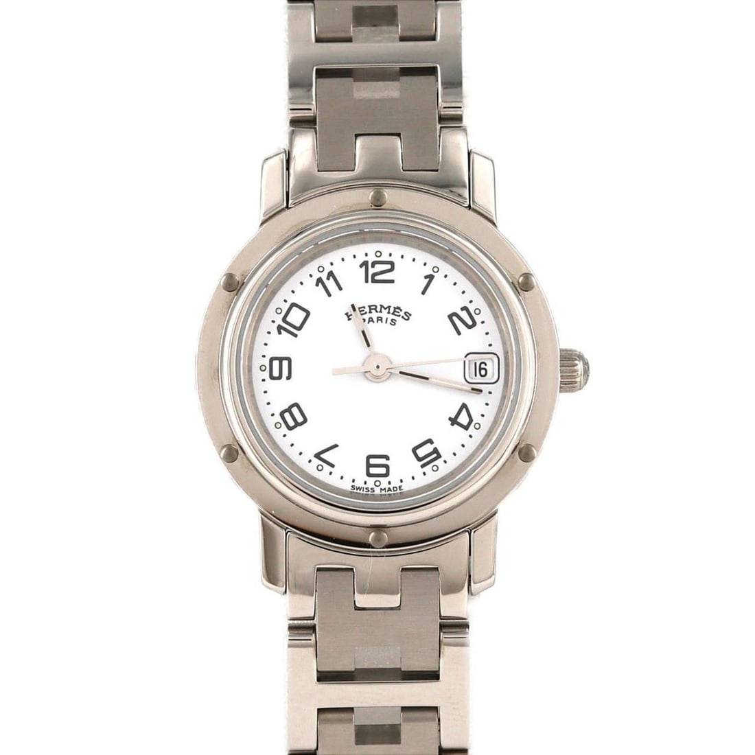 Hermès Clipper CL4.210 Stainless Steel Quartz Watch: --- Catalog ---Category: SizeWrist Size: 16.5cm / 6.49''Case Diameter: 24mm / 0.94''Category: DesignType: WristwatchGender: WomenColor (Dial): WhiteMaterial (Band): Stainless steelMaterial (Case):