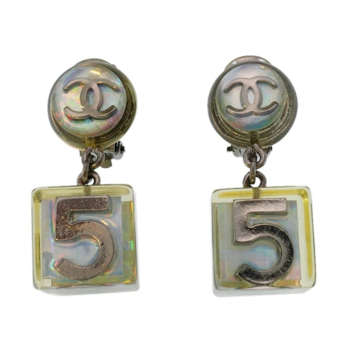 Chanel Coco Mark No. 5 Metal Earrings, Silver, Clear, Women's, P2198958 (1 of 18)