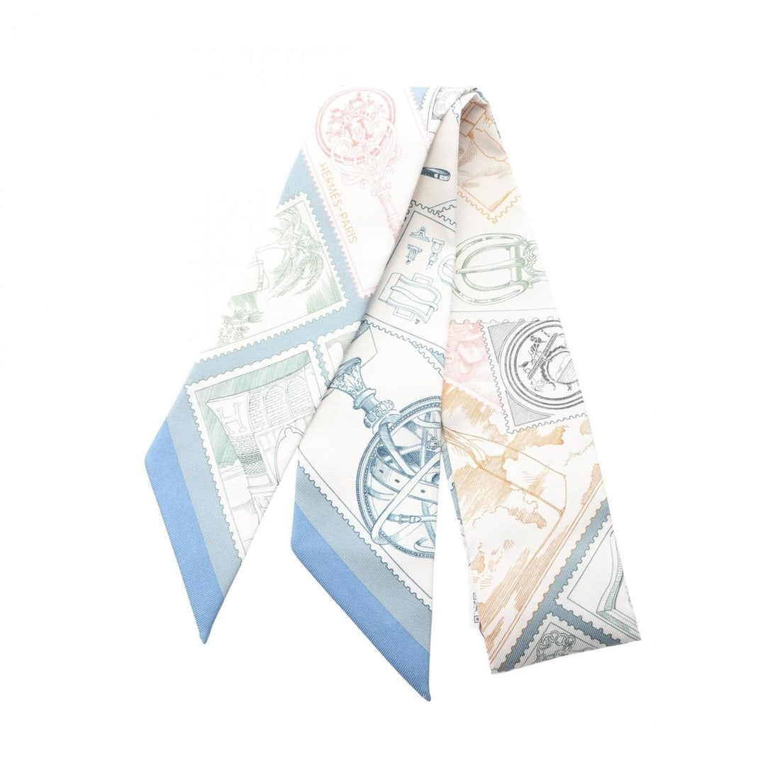 Hermes Hermès Twilly "LE PHILATELISTE DU FAUBOURG" Silk Scarf/Muffler for Women, Ivory Multicolor (1 of 14)