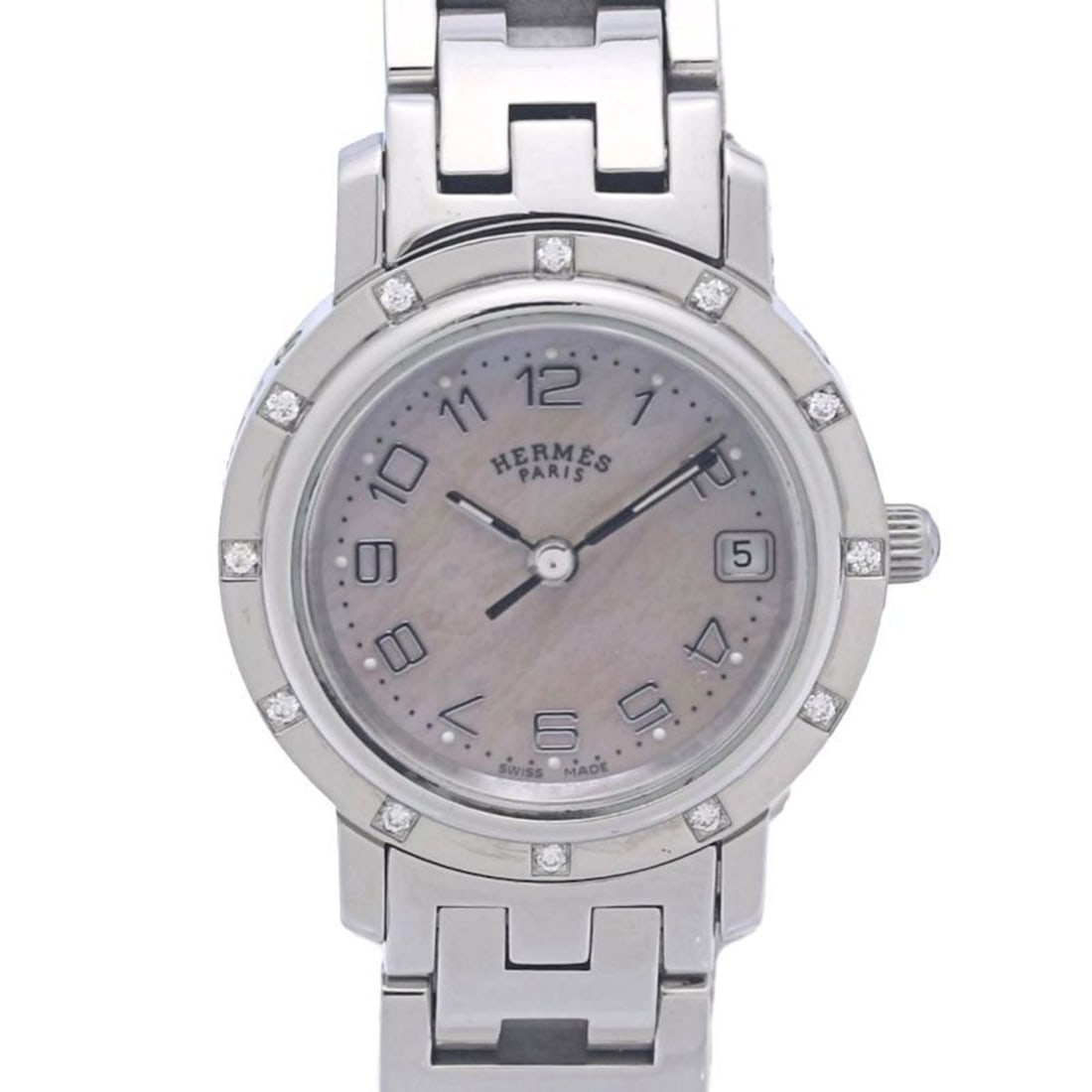HERMES Clipper Nacré Diamond Watch CL4.230.214 3796 (Old Buckle) Women's Stainless Steel 130487: --- Catalog ---Category: SizeWrist Size: 18cm / 7.08''Case Diameter: 24mm / 0.94''Category: DesignType: WristwatchGender: WomenColor (Dial): Pink shellMaterial (Band): Stainless steelMaterial (Case):