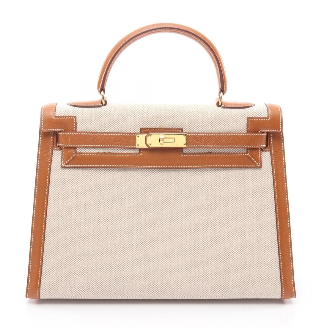 Hermes Hermès Kelly 32 handbag, canvas and leather, Toile H, Couchvel women's, beige, brown, gold (1 of 15)