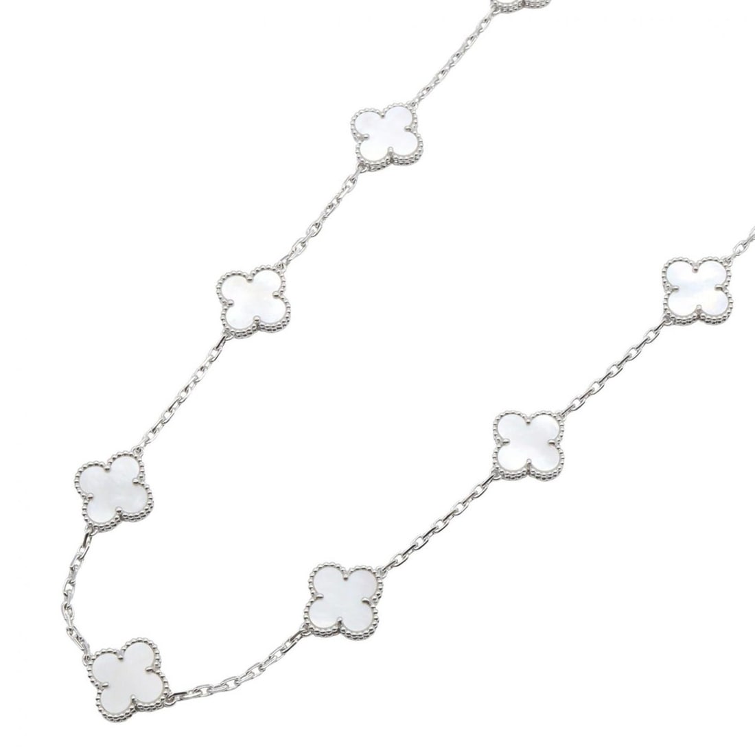 Van Cleef & Arpels Vintage Alhambra Mother-of-Pearl Necklace, 18K White Gold (18KWG) with Finish,: --- Catalog ---Category: SizePendant Size: 15mm x 15mm / 0.59'' x 0.59''Neck Circumference: 84 cm / 33.07''Category: DesignColor: SilverGender: WomenMaterial: White gold (18K)Necklace Type: NecklaceCa