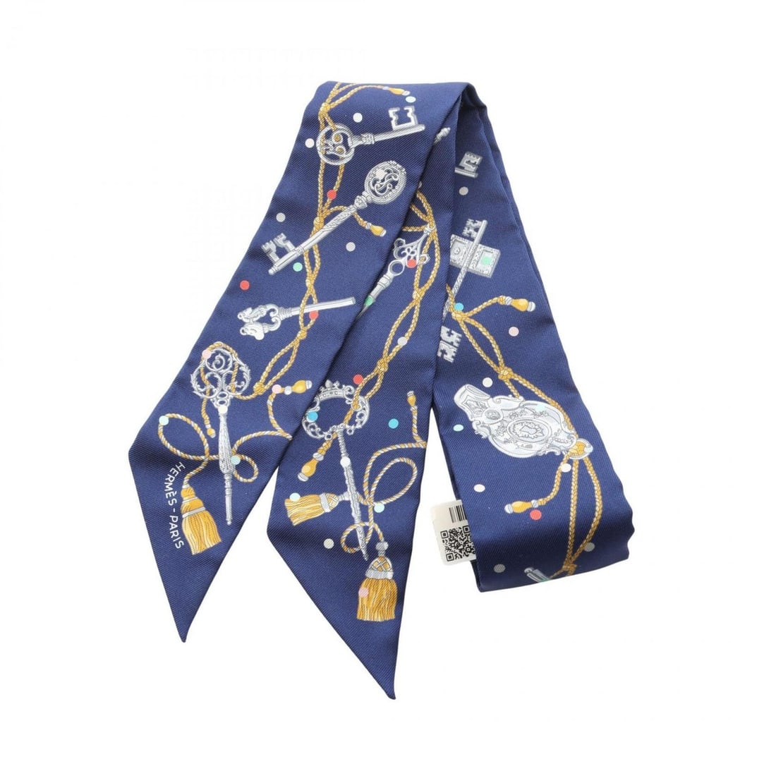 Hermes Hermès Twilly "Les Cles a Pois" Silk Scarf/Muffler for Women, Navy Blue, Multicolor, H2112 (1 of 10)